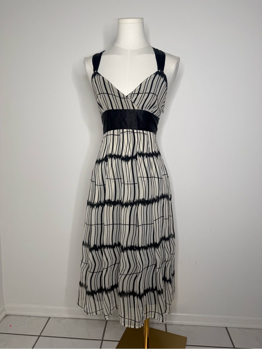 Double Zero Black and White Striped Tie-Dye Midi Dress